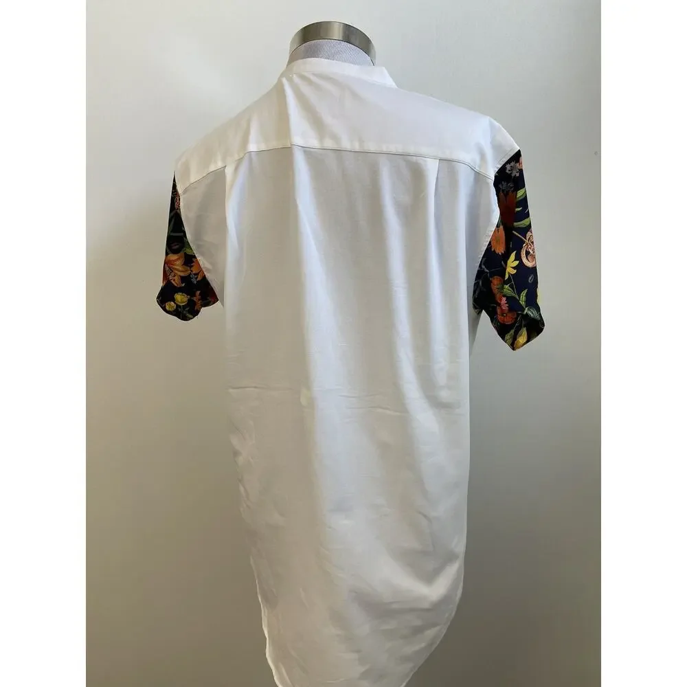 SikSilk Shirt Mens Small Button Up White Floral Sik Silk Short Sleeve N32